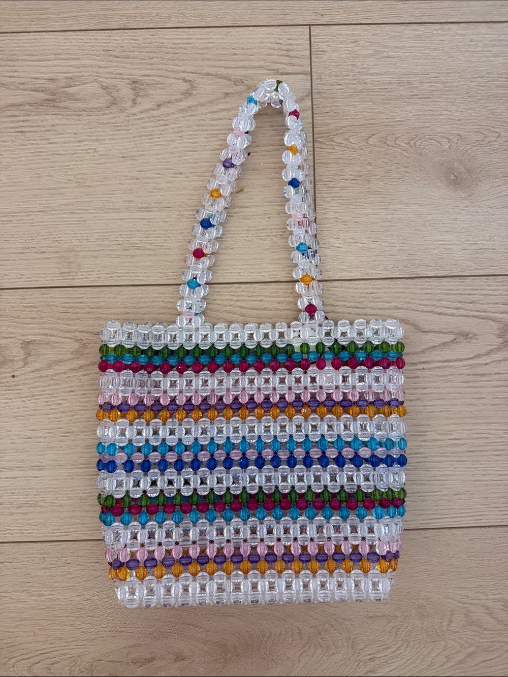 Multicolor Beaded Tote Bag - Clear & Rainbow Stripes